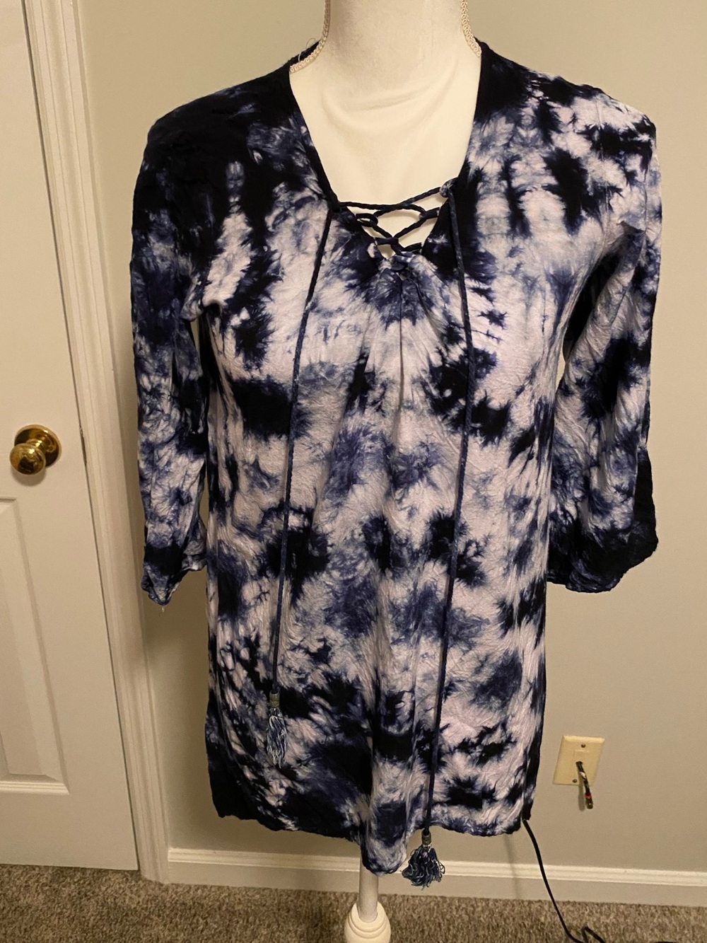 Navy and White Tie-Dye Lace-Up Tunic by Overdrive Size M Pre-Owned